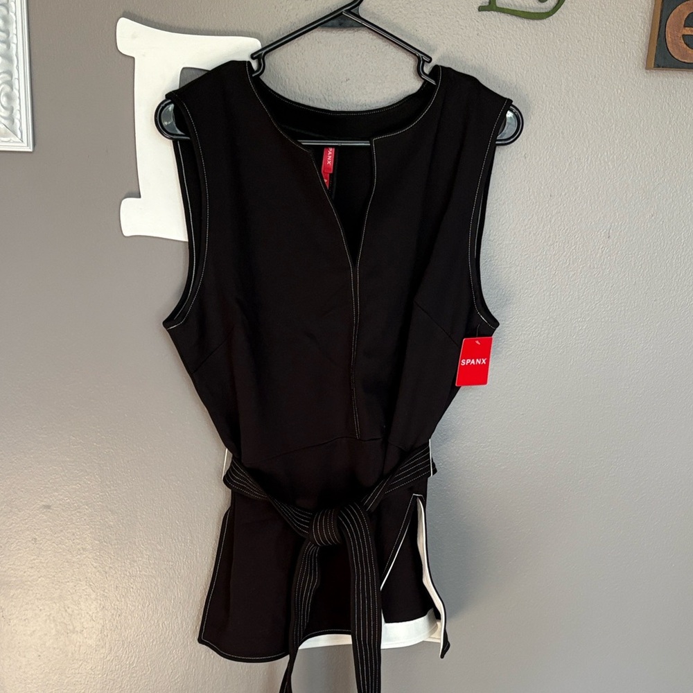 SPANX The Perfect Contrast Tie Waist Sleeveless Ponte Top Black Sz L NWT